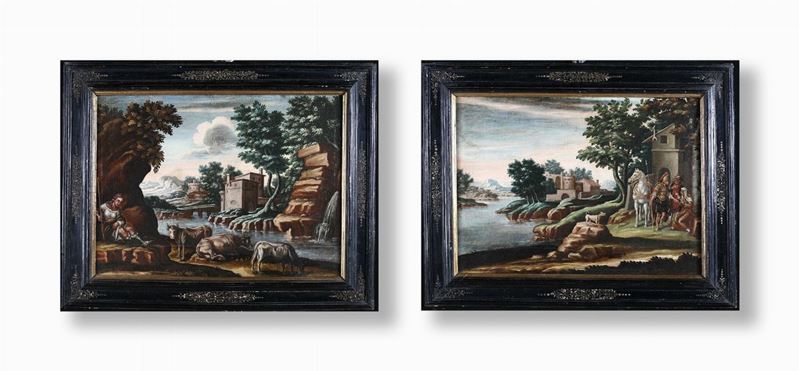 Pittore del XVII Secolo - A) Paesaggio Fluviale con Pastore Dormiente B) Paesaggio Fluviale con S...