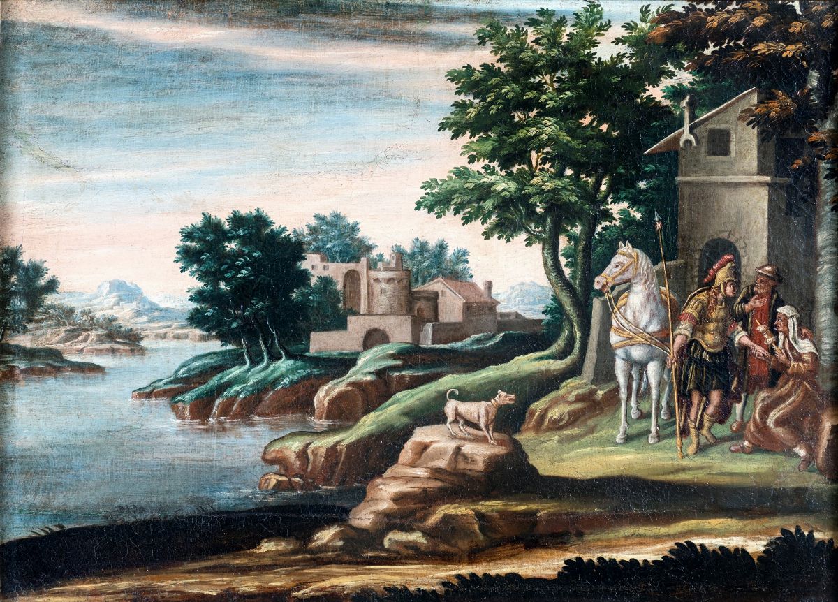 Pittore del XVII Secolo - A) Paesaggio Fluviale con Pastore Dormiente B) Paesaggio Fluviale con S...