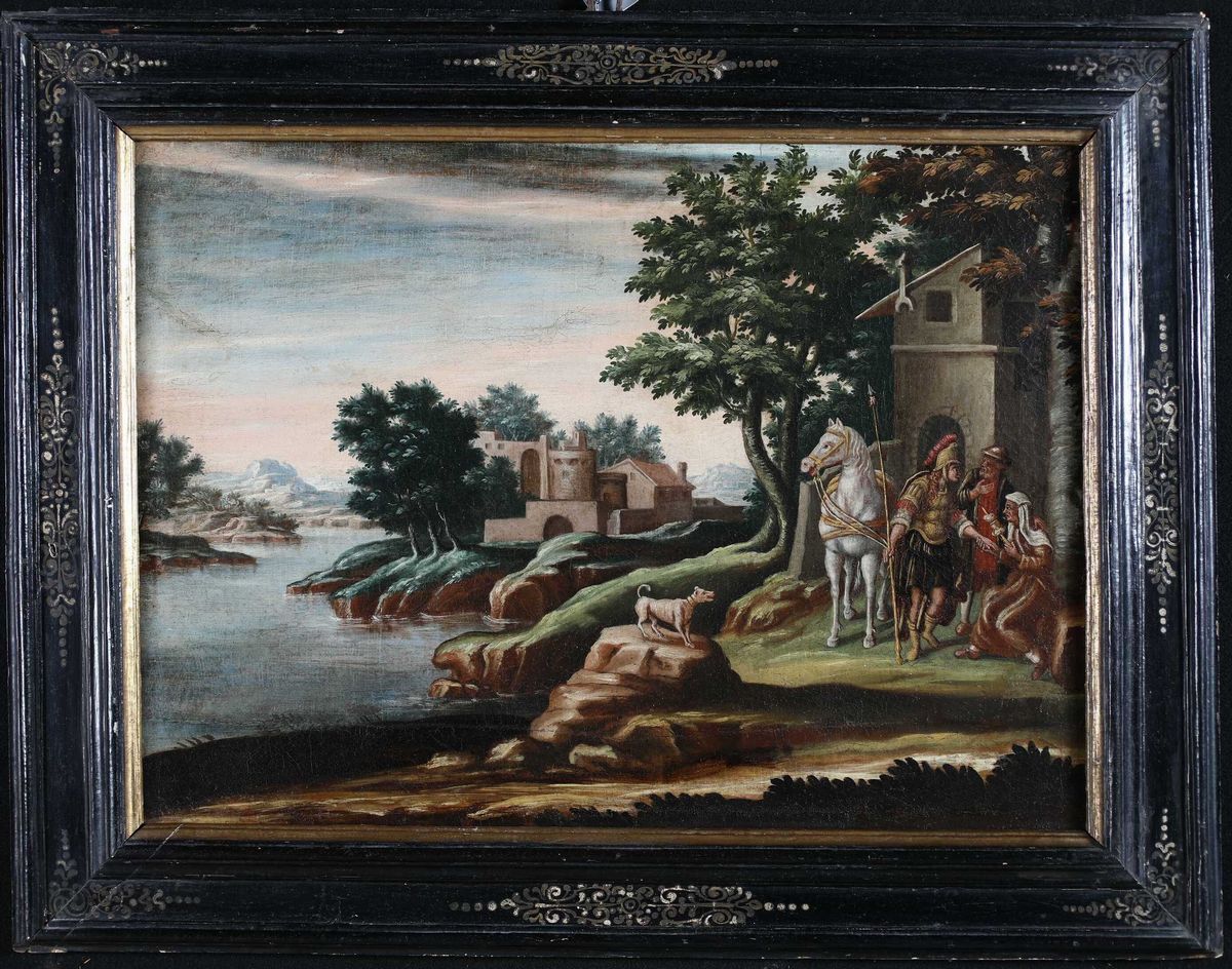 Pittore del XVII Secolo - A) Paesaggio Fluviale con Pastore Dormiente B) Paesaggio Fluviale con S...