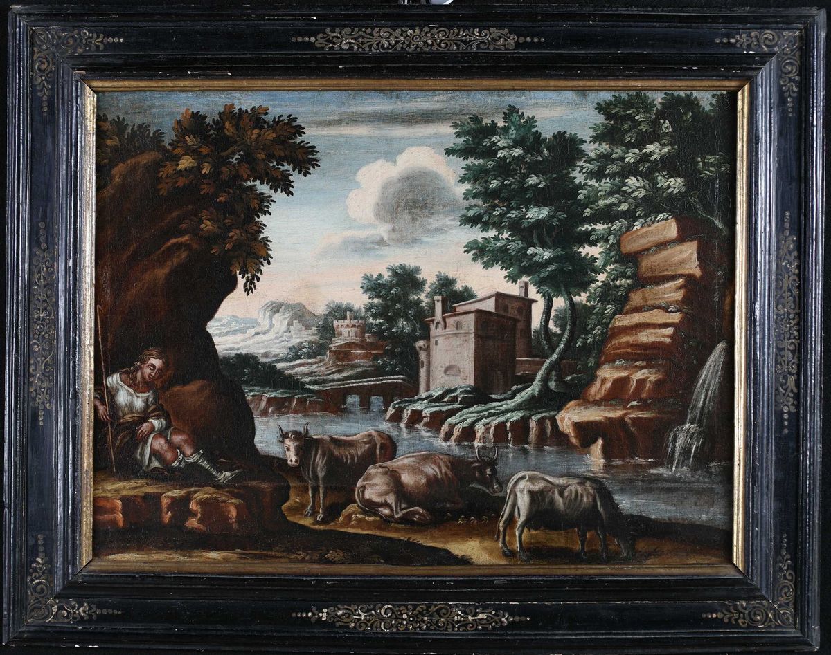 Pittore del XVII Secolo - A) Paesaggio Fluviale con Pastore Dormiente B) Paesaggio Fluviale con S...