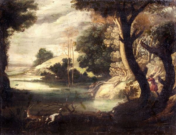 Paesaggio con scena di caccia al cervo