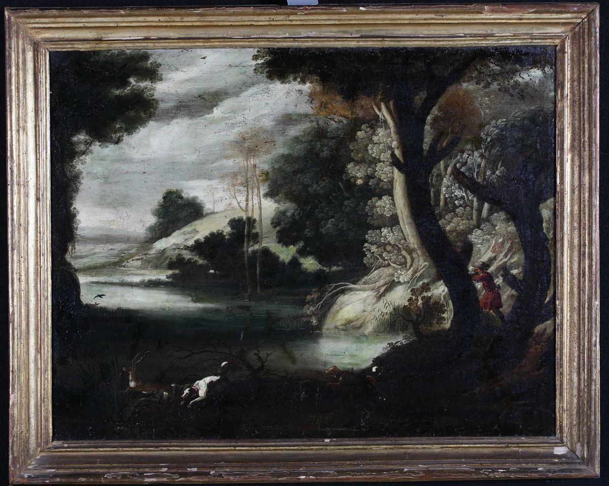 Scuola Genovese del XVII Secolo - Paesaggio con Scena di Caccia al Cervo
