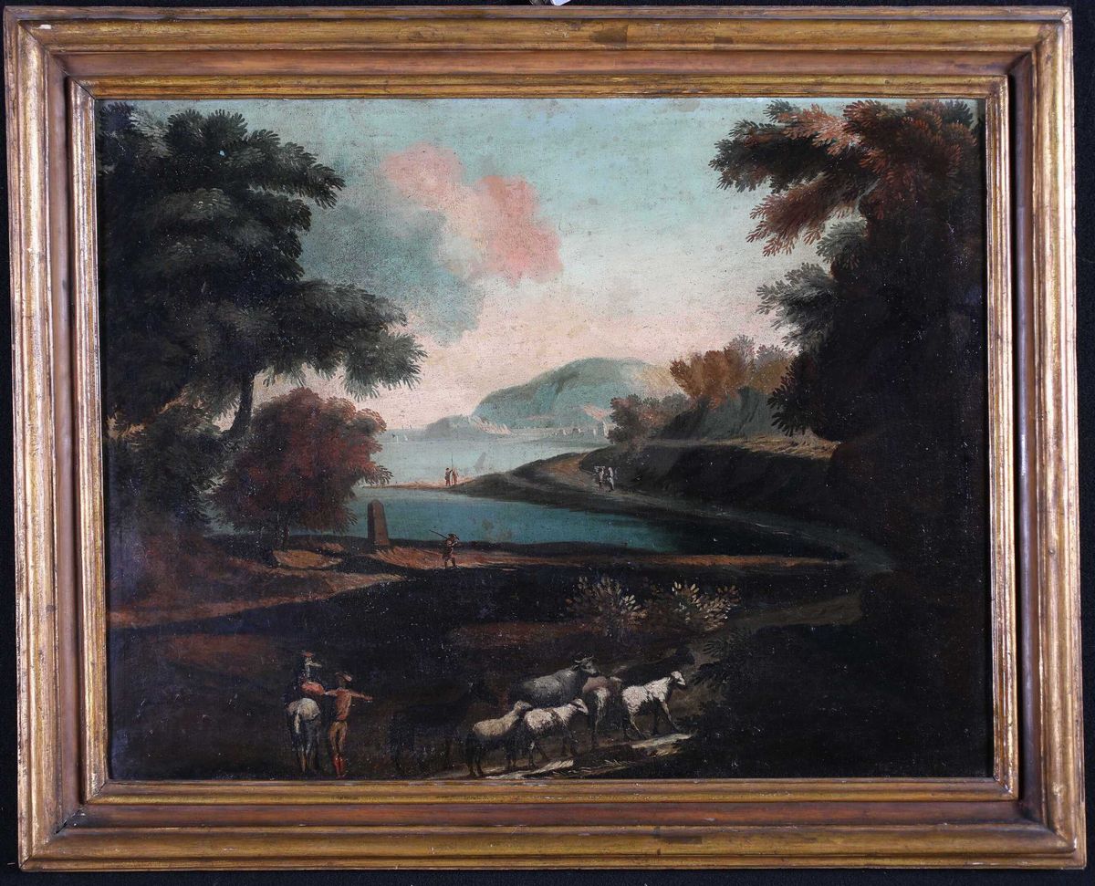 Scuola Marchigiana Fine del XVII Secolo - Paesaggio Lacustre con Armenti