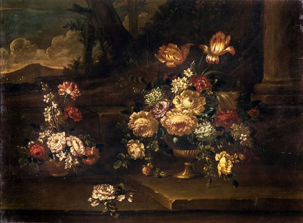Pittore del XIX/XX secolo - Natura morta di fiori su sfondo di rovine
