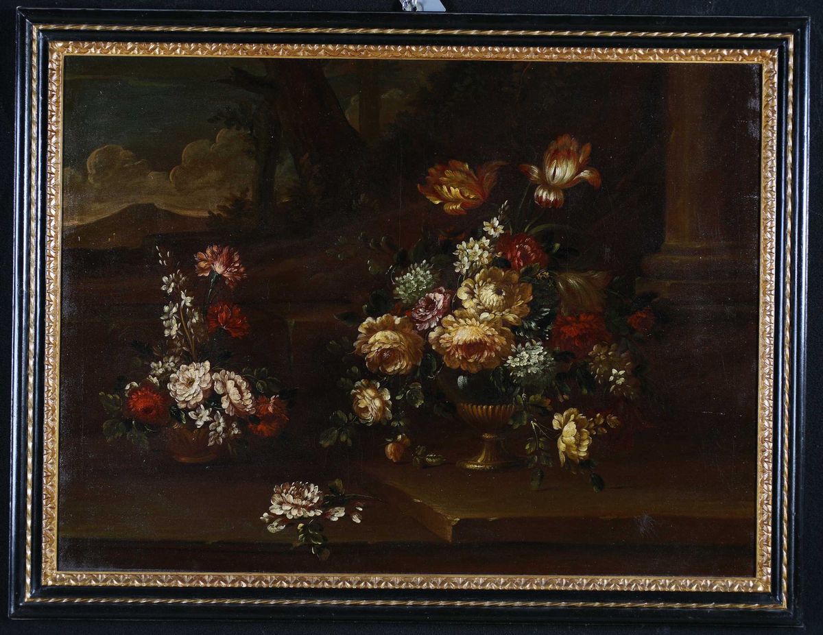 Pittore del XIX/XX Secolo - Natura Morta di Fiori su Sfondo di Rovine