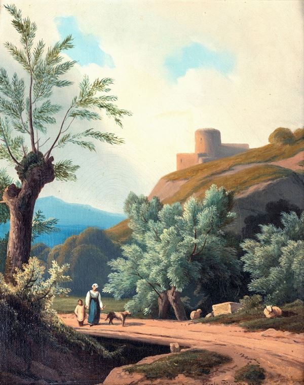 Carlo Piacenza - a) Paesaggio montano con cascata e capre  b) Paesaggio con sentiero