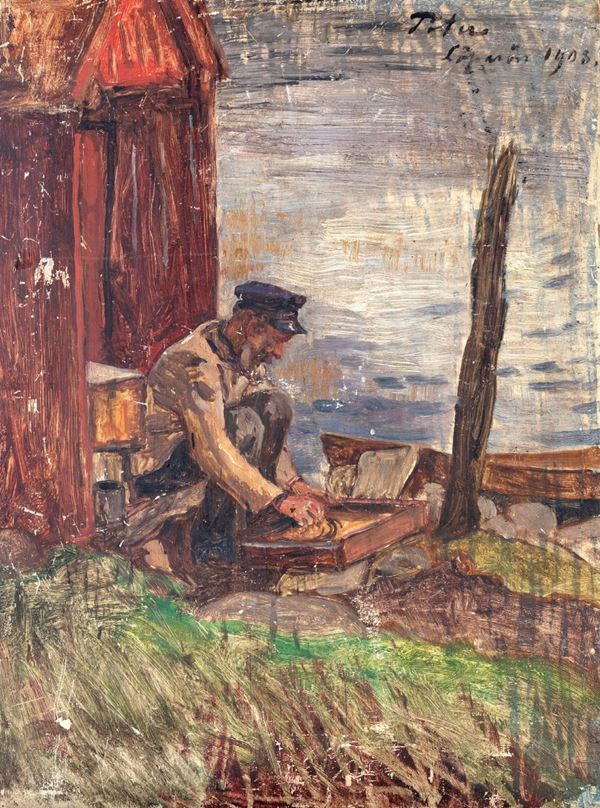 Pittore russo degli inizi del XX secolo - Casolare con contadino