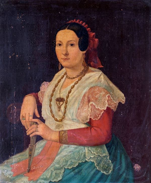 Pittore del XIX secolo - Giovane donna in abito tradizionale con gioielli e ventaglio
