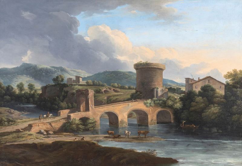 Scuola Romana del XVIII Secolo - Mausoleo dei Plauzi e il Ponte Lucano