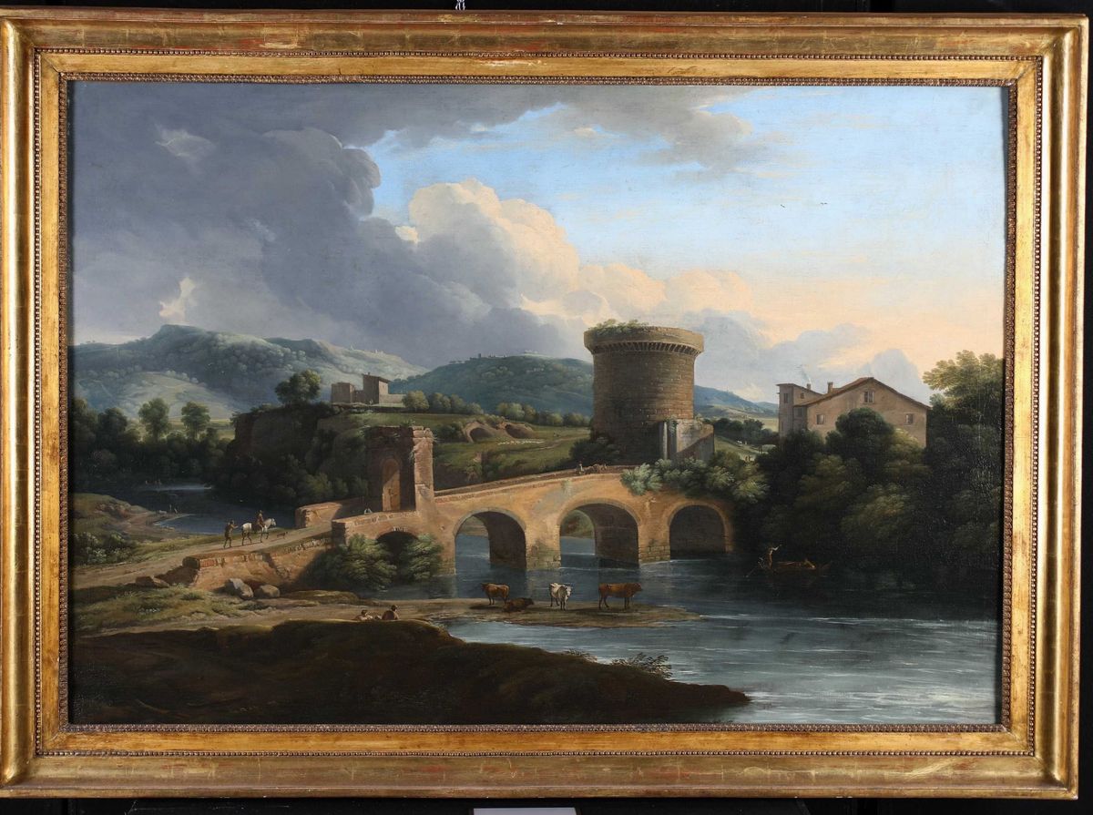 Scuola Romana del XVIII Secolo - Mausoleo dei Plauzi e il Ponte Lucano