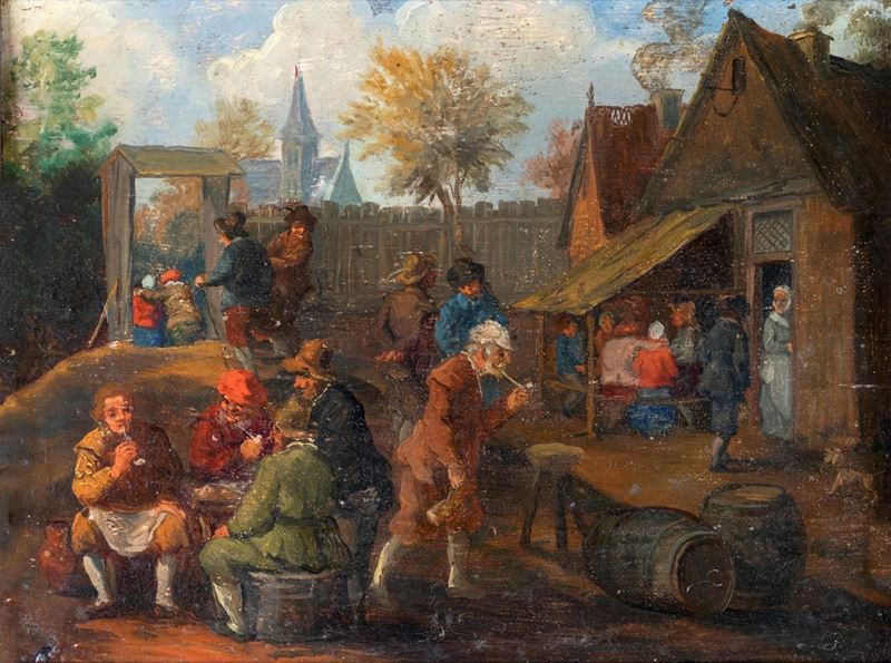 Scuola Fiamminga del XIX Secolo - Scene di Genere Ambientate in Paesaggi con Borgo Antico