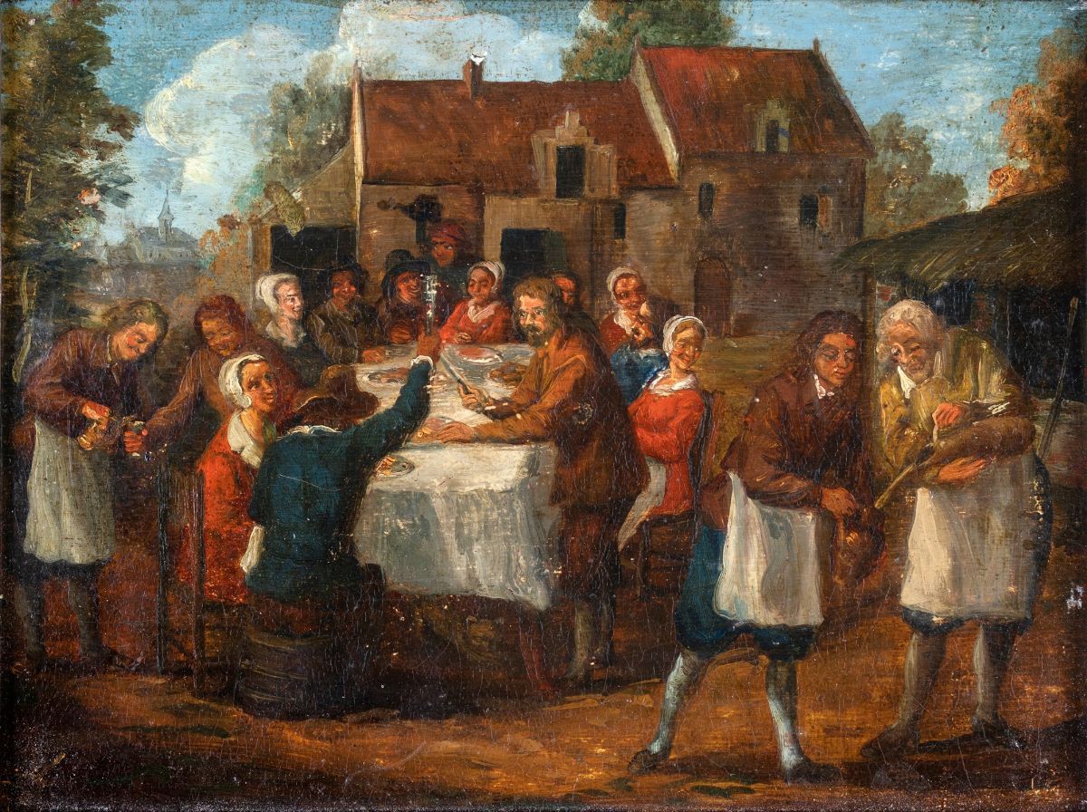 Scuola Fiamminga del XIX Secolo - Scene di Genere Ambientate in Paesaggi con Borgo Antico
