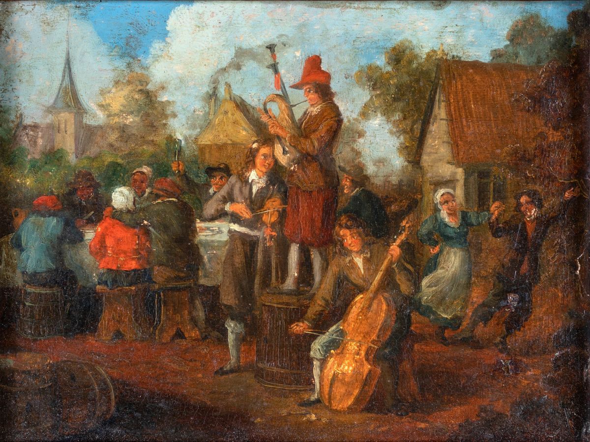 Scuola Fiamminga del XIX Secolo - Scene di Genere Ambientate in Paesaggi con Borgo Antico