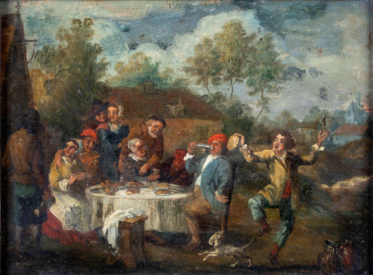 Scuola Fiamminga del XIX Secolo - Scene di Genere Ambientate in Paesaggi con Borgo Antico