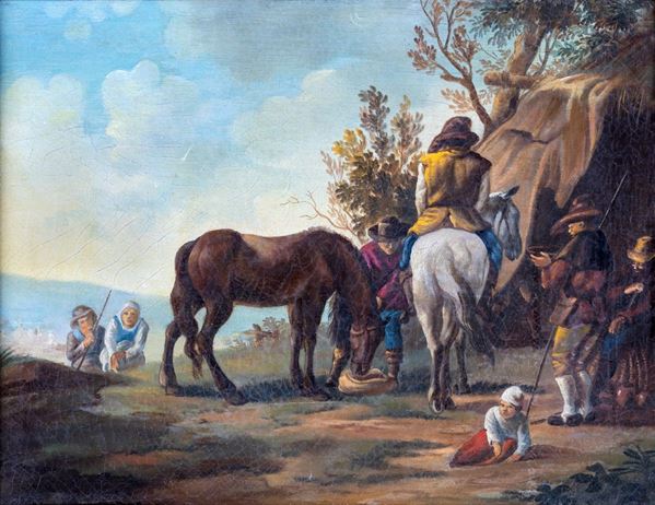 Seguace di Pieter Wouwerman - Paesaggio con cavalieri in sosta