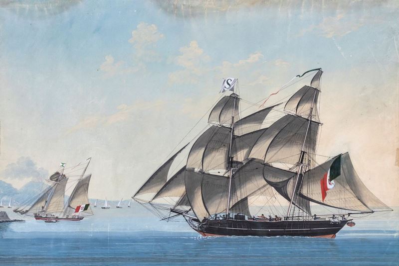 A) Brigantino e Goletta della Regia Marina nel Golfo di Napoli B) Piroscafo Inglese Ludwig Groede...