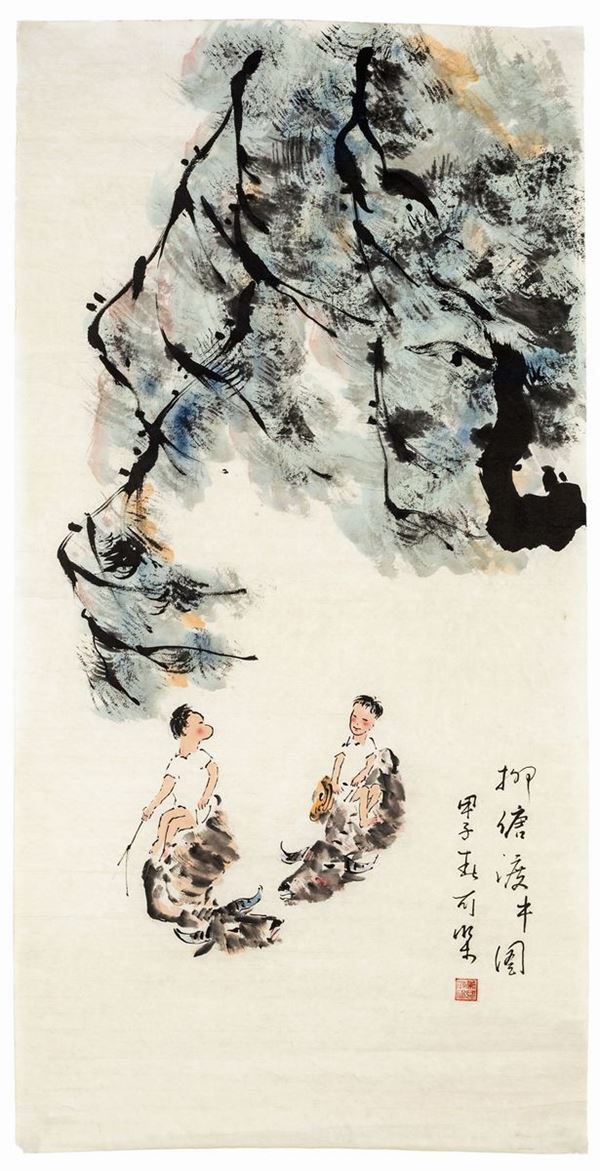 Li Keran Li Yongshun : Bambini su bufali su sfondo di paesaggio  - inchiostro e acquerelli su carta  - Asta Arte Orientale - Casa d'Aste Arcadia