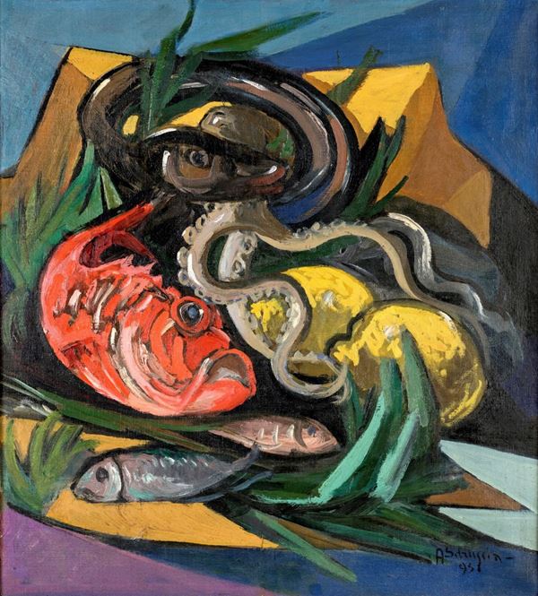 Achille Sdruscia - Natura morta con polipo, pesci e limoni