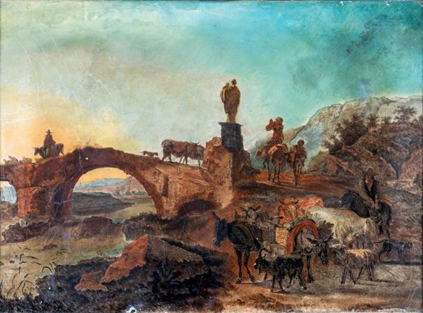 Pittore degli inizi del XIX secolo - Paesaggio fluviale con ponte e animali
