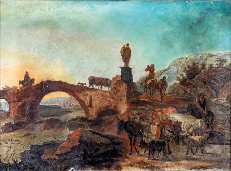 Pittore degli Inizi del XIX Secolo - Paesaggio Fluviale con Ponte e Animali