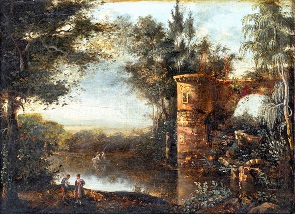 Pittore del XIX secolo : Paesaggio fluviale con rovine  - olio su tela - Asta Asta a tempo di Antiquariato e Arredamento - Casa d'Aste Arcadia