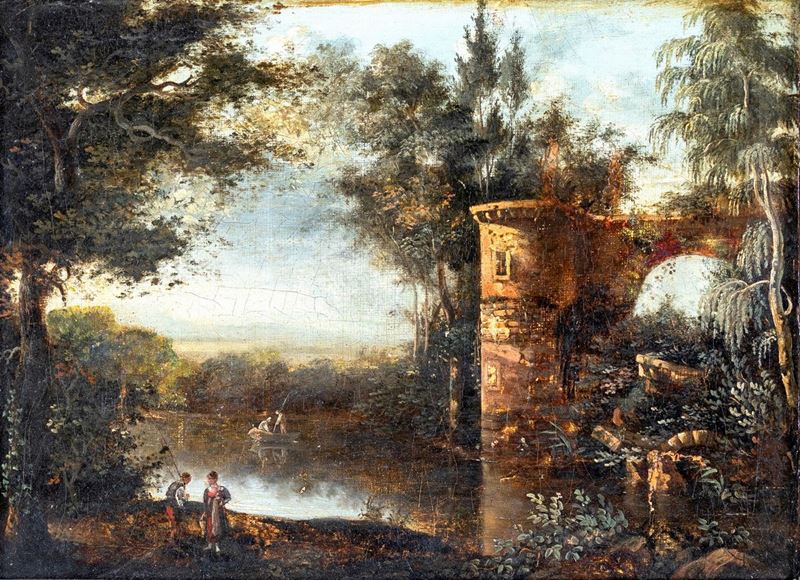 Pittore del XIX Secolo - Paesaggio Fluviale con Rovine