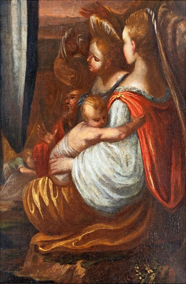 Pittore del XVII secolo : Sacra Famiglia con Sant&#39;Anna e San Giovannino  - olio su tela - Asta Asta a tempo di Antiquariato e Arredamento - Casa d'Aste Arcadia