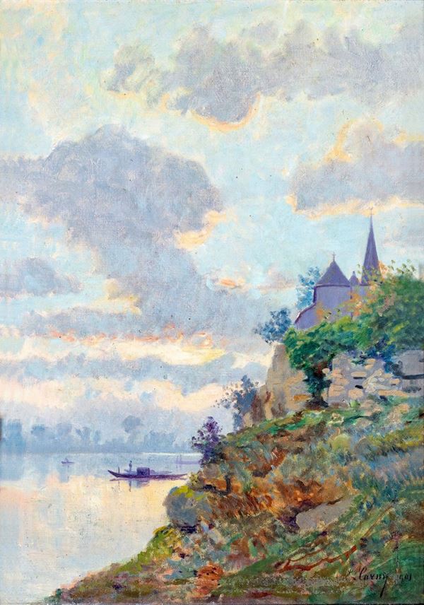 Pittore del XIX secolo : Paesaggio lacustre  - olio su tela - Asta Asta a tempo di Antiquariato e Arredamento - Casa d'Aste Arcadia