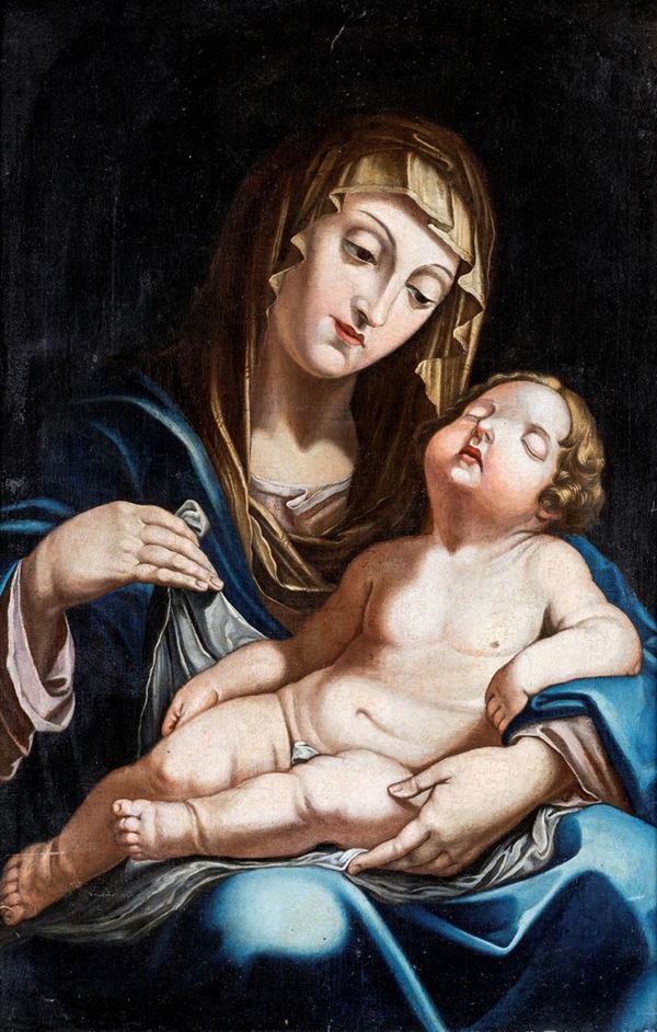 Pittore del XVIII secolo : Madonna col Bambino  - olio su tela - Asta Asta a tempo di Antiquariato e Arredamento - Casa d'Aste Arcadia