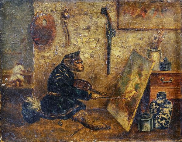 Scuola Fiamminga del XIX secolo - La scimmia pittrice