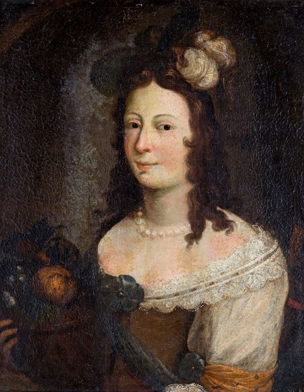 Pittore fine del XVIII secolo - Ritratto di gentildonna con collana di perle e cesto di frutta