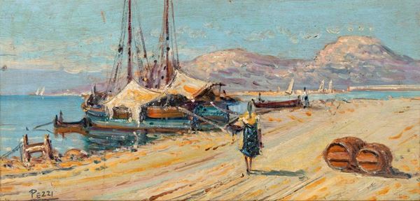 Pittore degli inizi del XX secolo - Marina con barche e figure