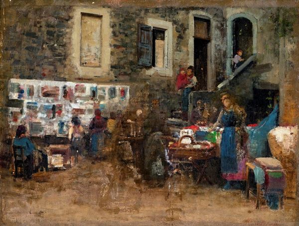 Pittore del XIX/XX secolo - Scena di genere ambientata in un borgo