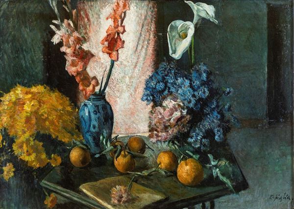 Paulo Ghiglia - Composizione con frutta e vasi di fiori