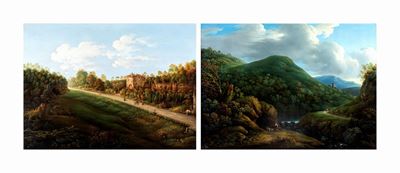 A) Paesaggio Boschivo Laziale con Figure e Viandanti B) Veduta del Romitorio di Albano sulla Via ...