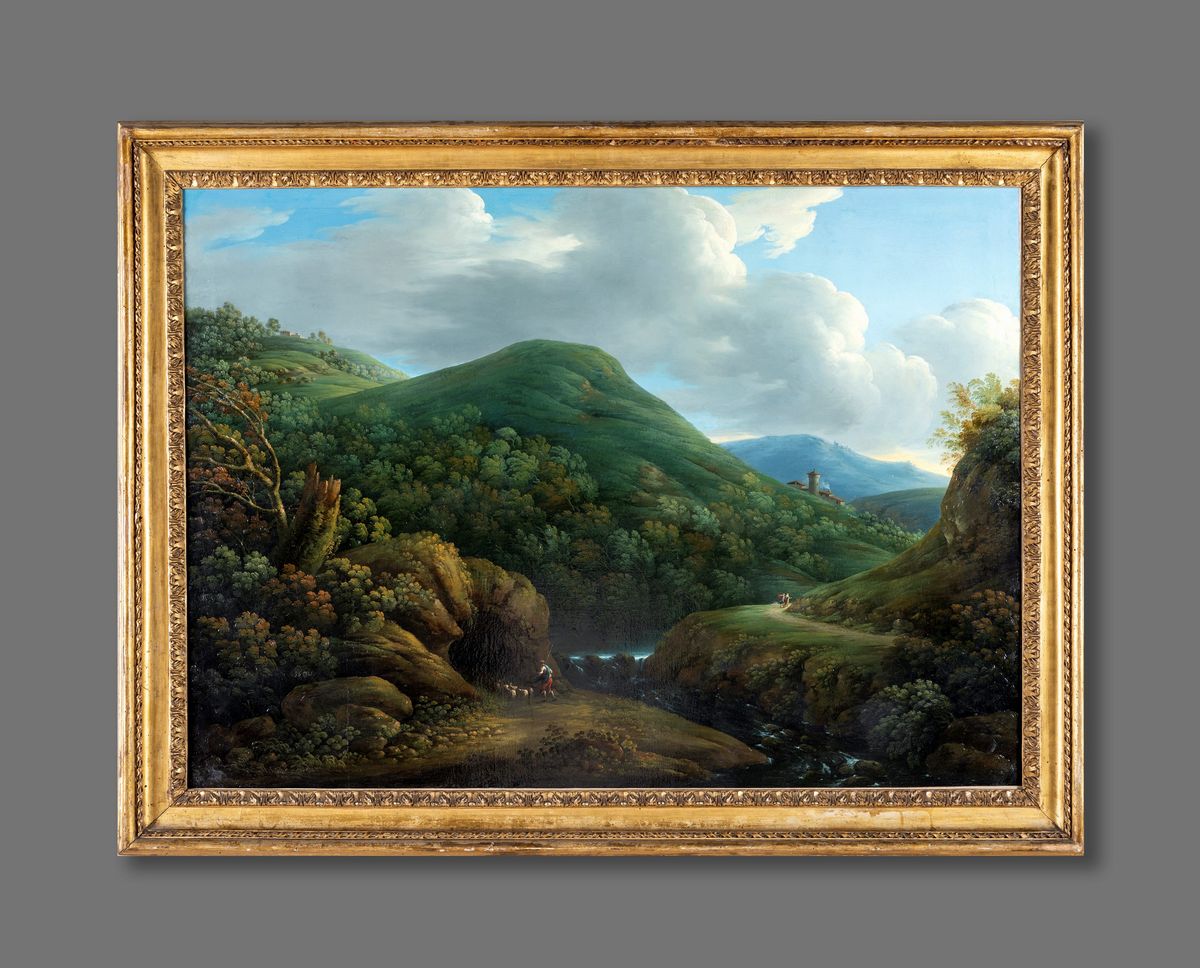 Scuola Romana del XVIII Secolo - A) Paesaggio Boschivo Laziale con Figure e Viandanti B) Veduta d...