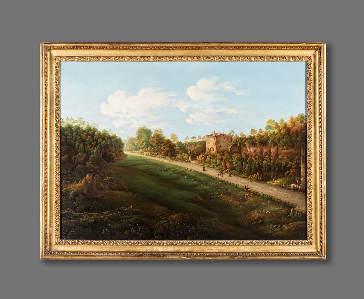 Scuola Romana del XVIII Secolo - A) Paesaggio Boschivo Laziale con Figure e Viandanti B) Veduta d...