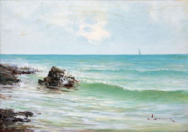Pittore del XIX secolo : Paesaggio marino  - olio su compensato - Asta Asta a tempo di Antiquariato e Arredamento - Casa d'Aste Arcadia