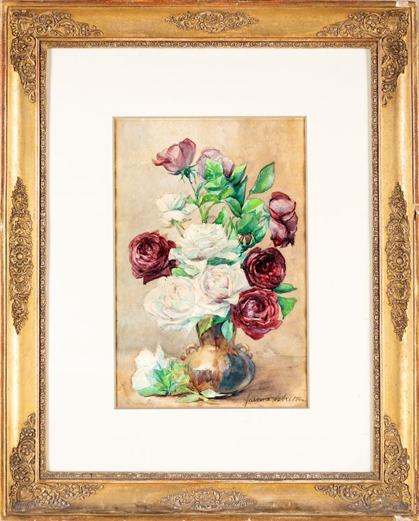 Pittore del XIX secolo - Vaso di rose bianche e baccara