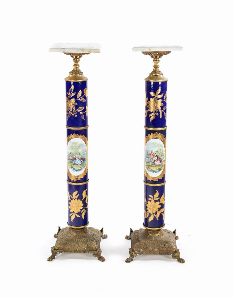 Coppia di Colonne in Porcellana Blu e Oro