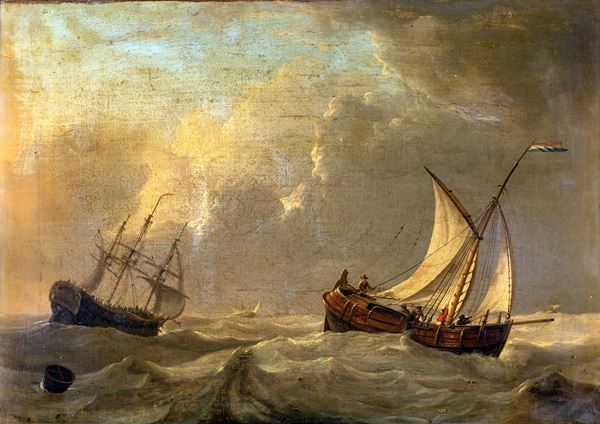 Pittore del XVIII secolo - Marina in tempesta con velieri