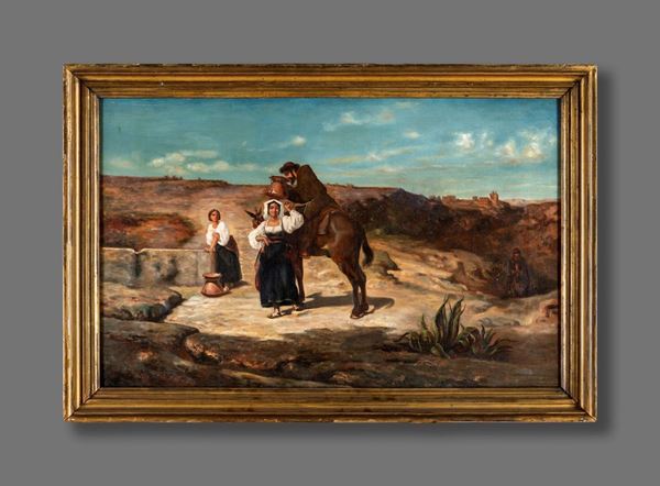 Pittore del XIX secolo - Paesaggio con frate viandante e ciociare al pozzo