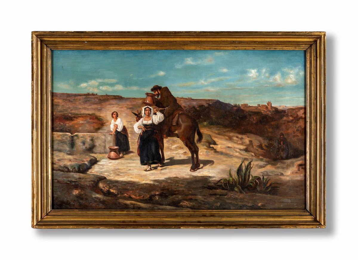 Pittore del XIX Secolo - Paesaggio con Frate Viandante e Ciociare al Pozzo