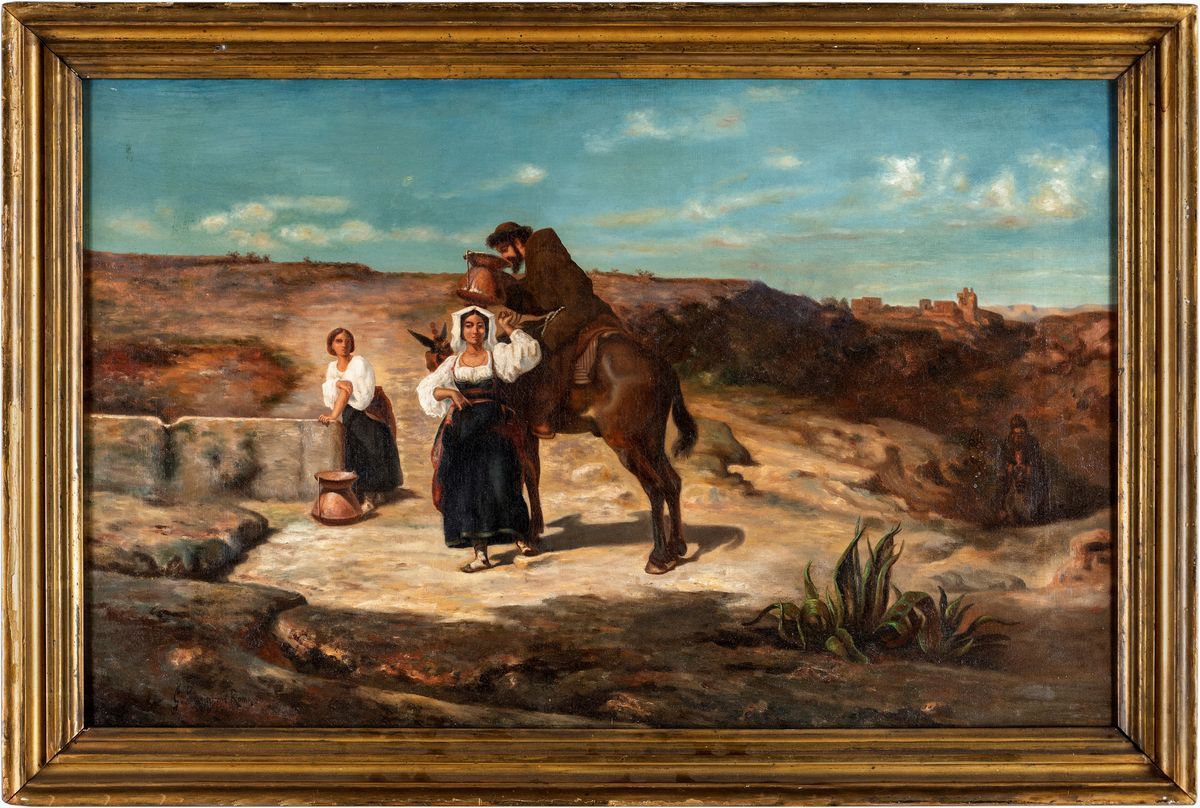 Pittore del XIX Secolo - Paesaggio con Frate Viandante e Ciociare al Pozzo