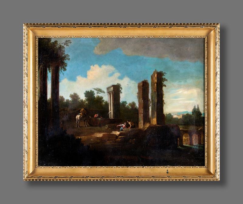 Scuola Romana del XVIII Secolo - Paesaggio con Capriccio Architettonico e Figure