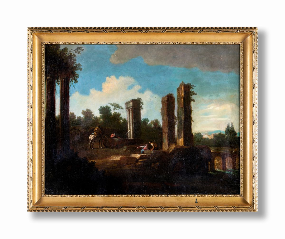 Scuola Romana del XVIII Secolo - Paesaggio con Capriccio Architettonico e Figure