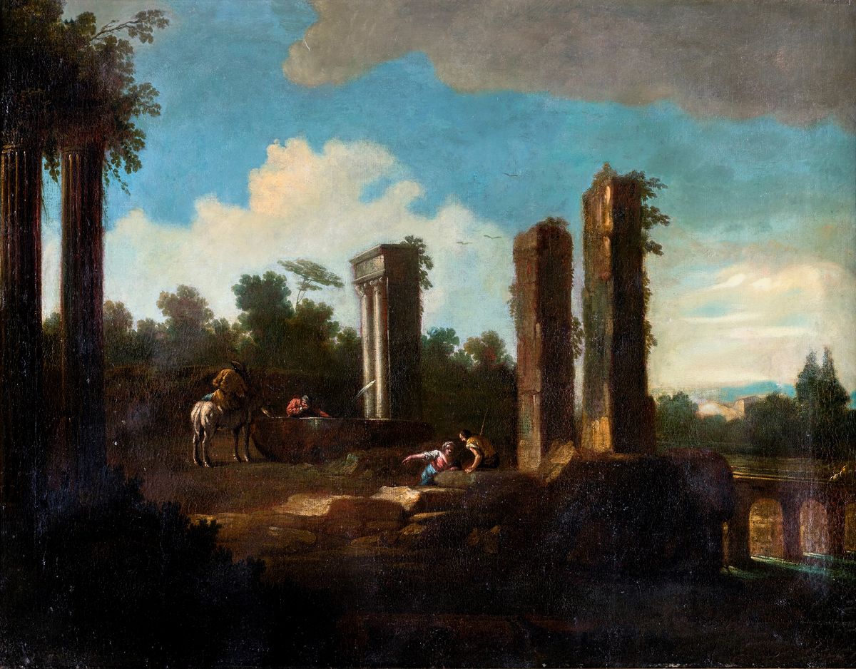 Scuola Romana del XVIII Secolo - Paesaggio con Capriccio Architettonico e Figure