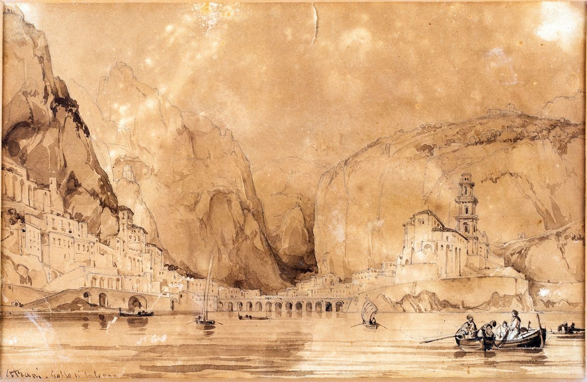 Pittore del XIX Secolo - Veduta di Atrani e Golfo di Salerno