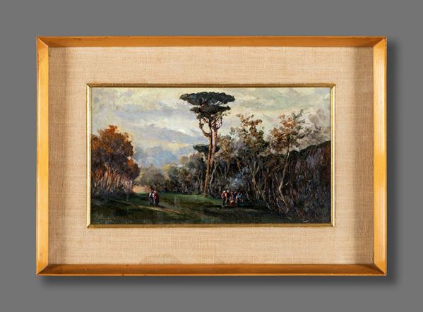 Pittore del XIX secolo - Paesaggio boschivo con figure