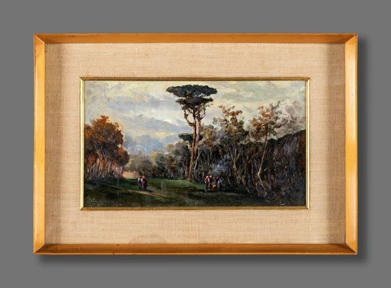 Pittore del XIX Secolo - Paesaggio Boschivo con Figure